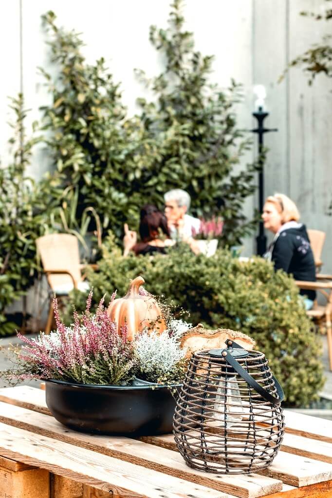 Stimmungsvolle Terrassendekoration mit Laterne und Pflanzenarrangements im Außenbereich