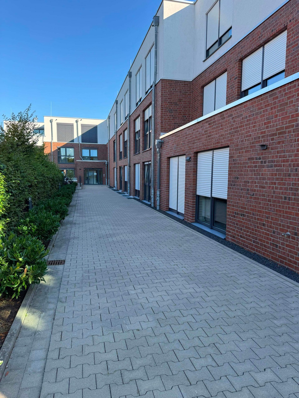 Gepflasterter, ebenerdiger Spazierweg im Außenbereich des Altenheims Lohne